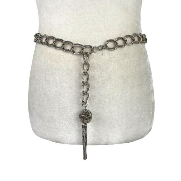 VTG Retro Silver Belt Metal Link Chain Belt Tassel Charm - Picture 7 of 15